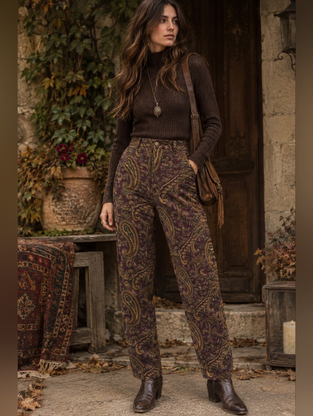 Jones New York Vintage Pants 12 Burgundy Paisley Tapestry Corduroy Retro Boho